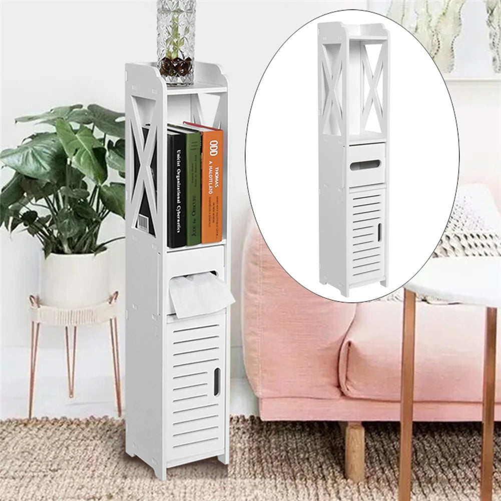 White Bathroom Storage Cabinet with Shelf and Tissue Rack - Chic & Cheery Shopping