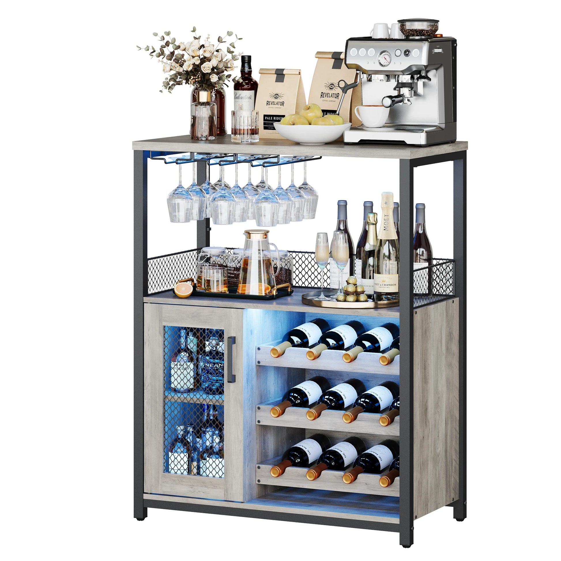 Industrial Wine Bar Cabinet with LED Lights and Storage - Chic & Cheery Shopping