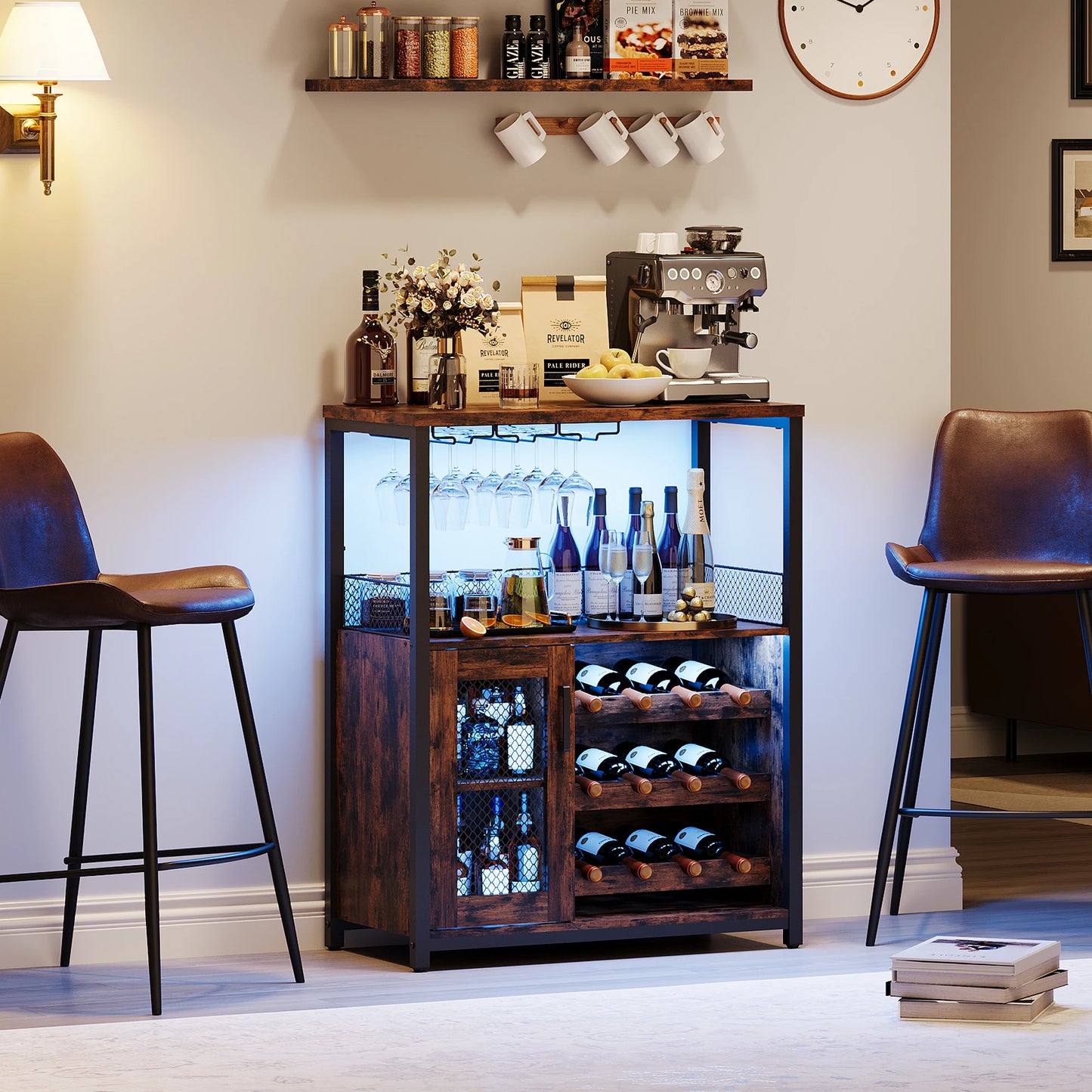 Industrial Wine Bar Cabinet with LED Lights and Storage - Chic & Cheery Shopping