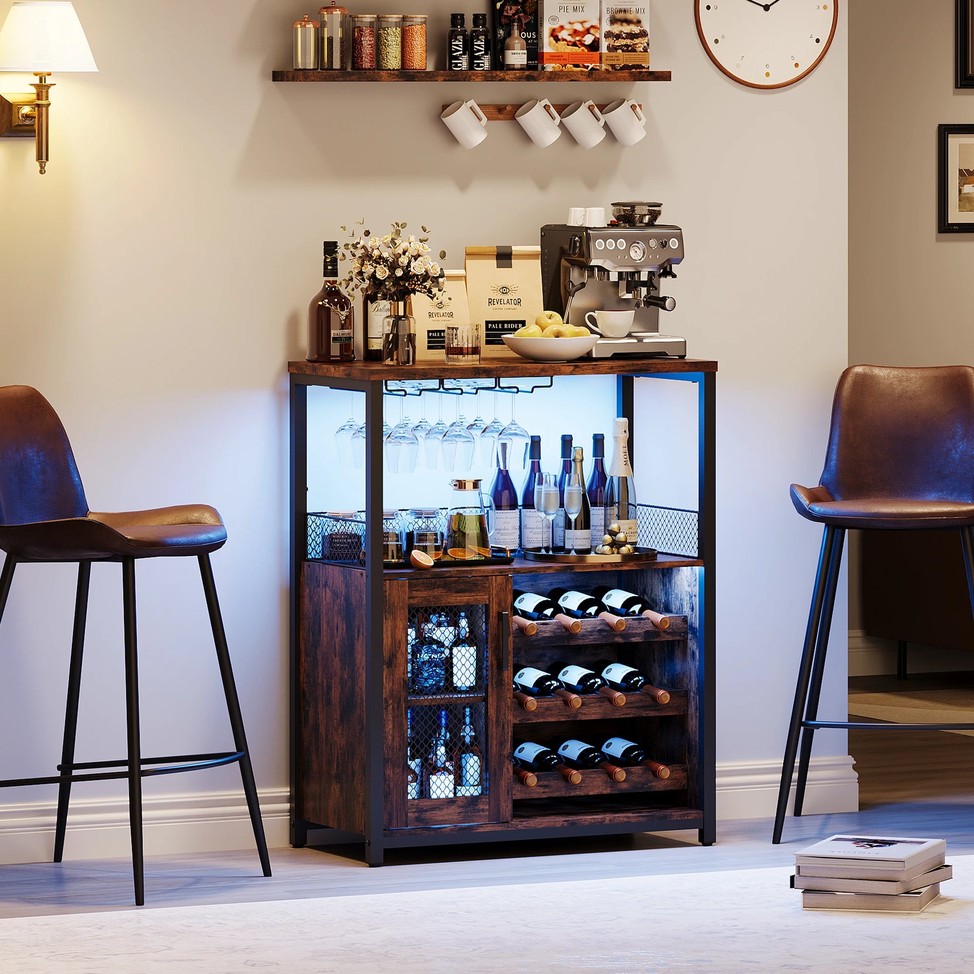 Industrial Wine Bar Cabinet with LED Lights and Storage - Chic & Cheery Shopping