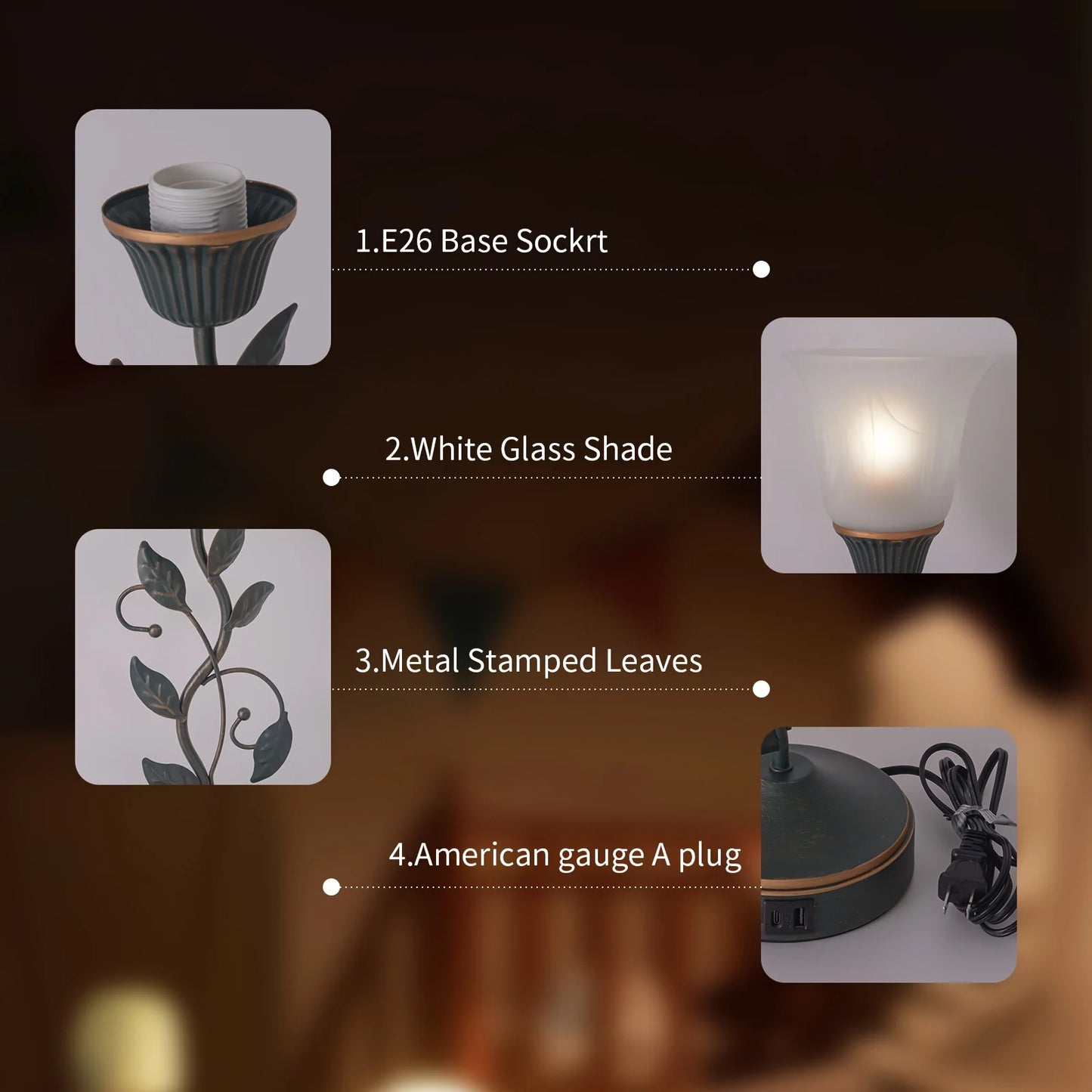 Amber Glass Flower Desk Lamp with Touch Switch and USB Ports - Chic & Cheery Shopping