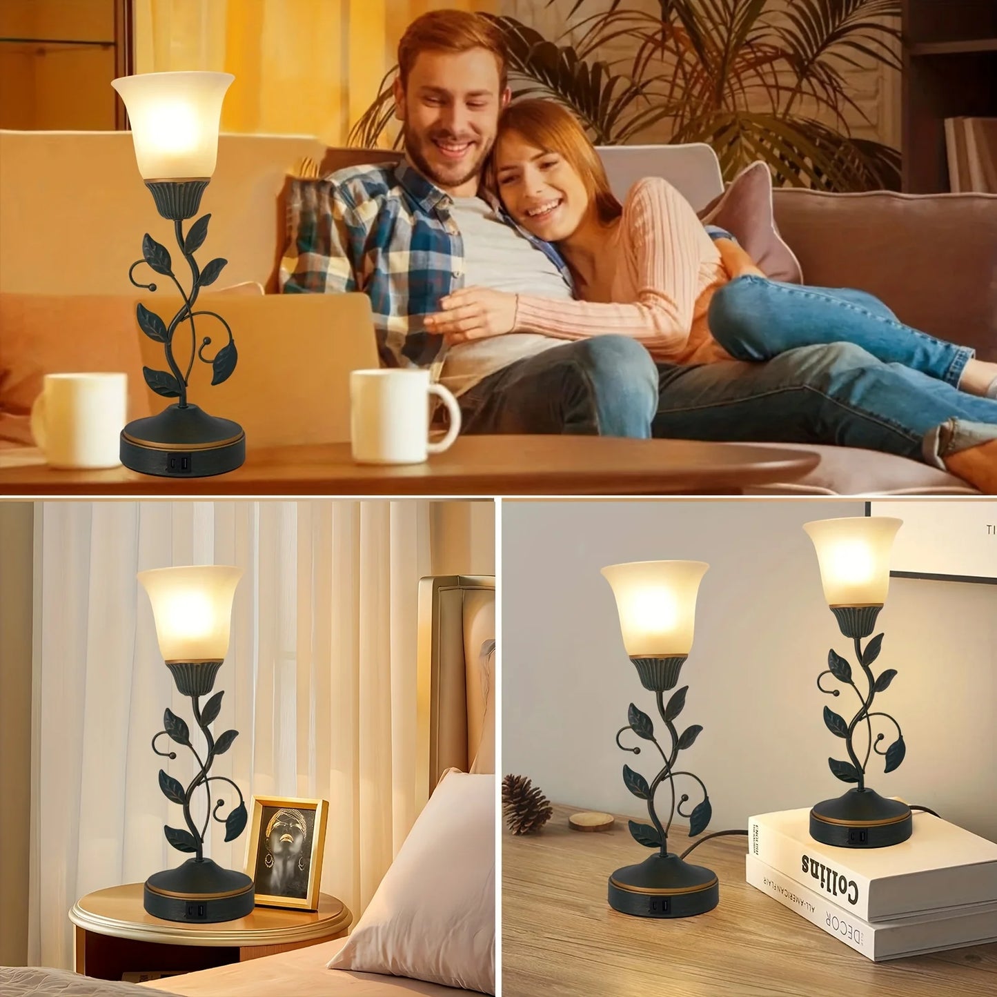Amber Glass Flower Desk Lamp with Touch Switch and USB Ports - Chic & Cheery Shopping