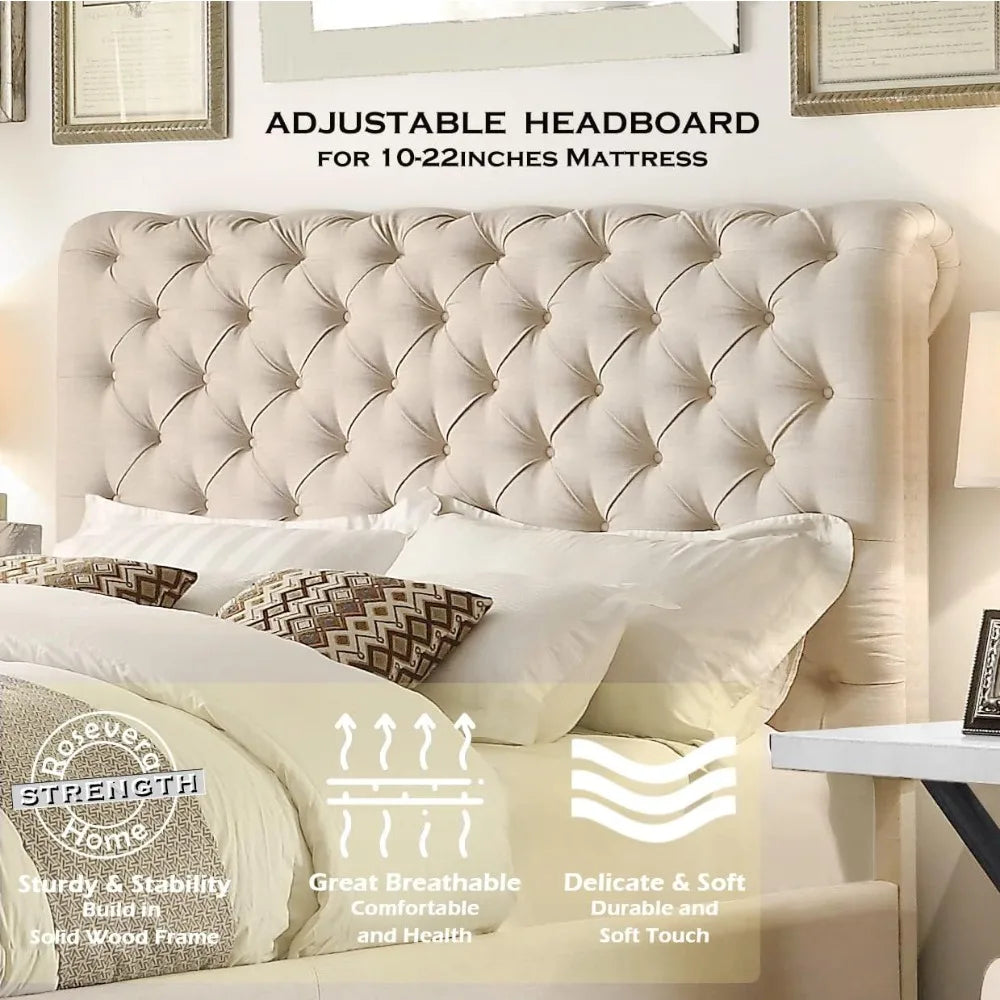 Rosevera King Beige Upholstered Bed Frame with Luxurious Headboard - Chic & Cheery Shopping