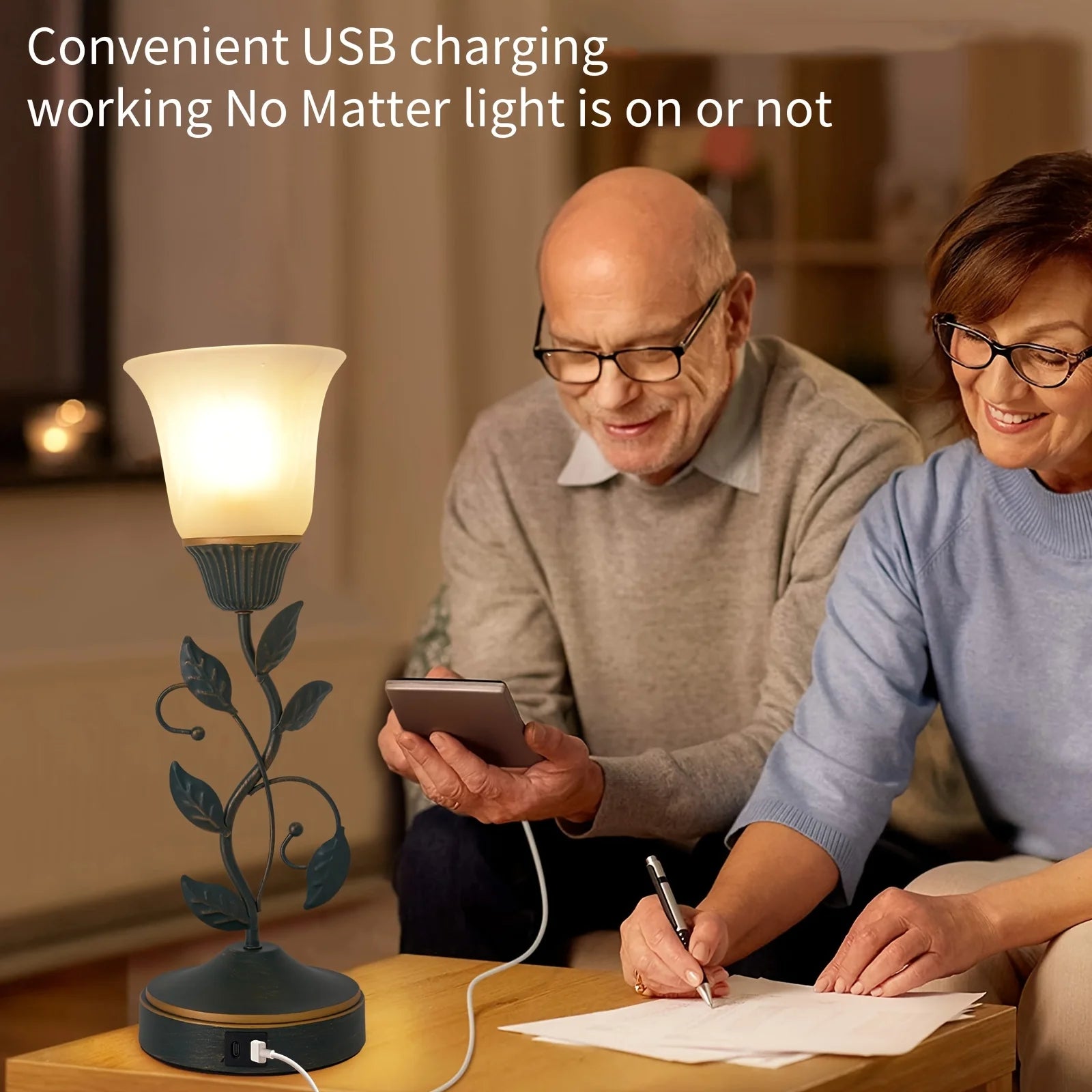 Amber Glass Flower Desk Lamp with Touch Switch and USB Ports - Chic & Cheery Shopping