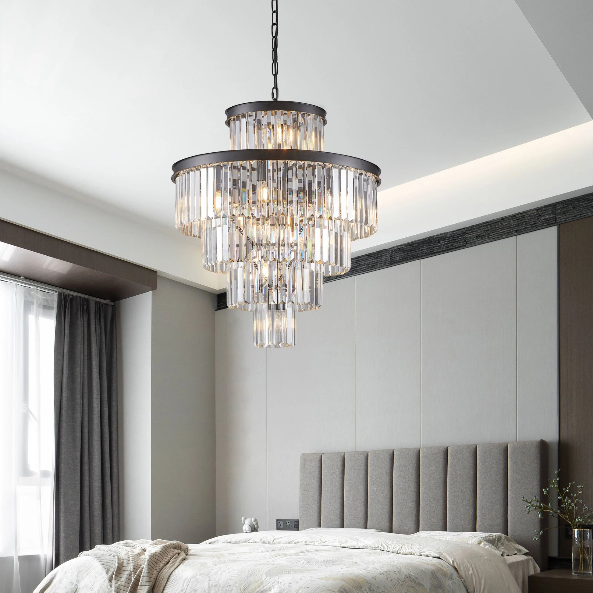 Modern Crystal Chandelier with Adjustable Height Black Gold Frame - Chic & Cheery Shopping