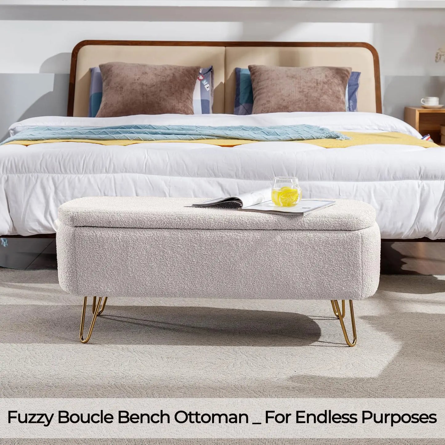 40 Inch Boucle Sherpa Ottoman Bench with Gold Legs - Chic & Cheery Shopping