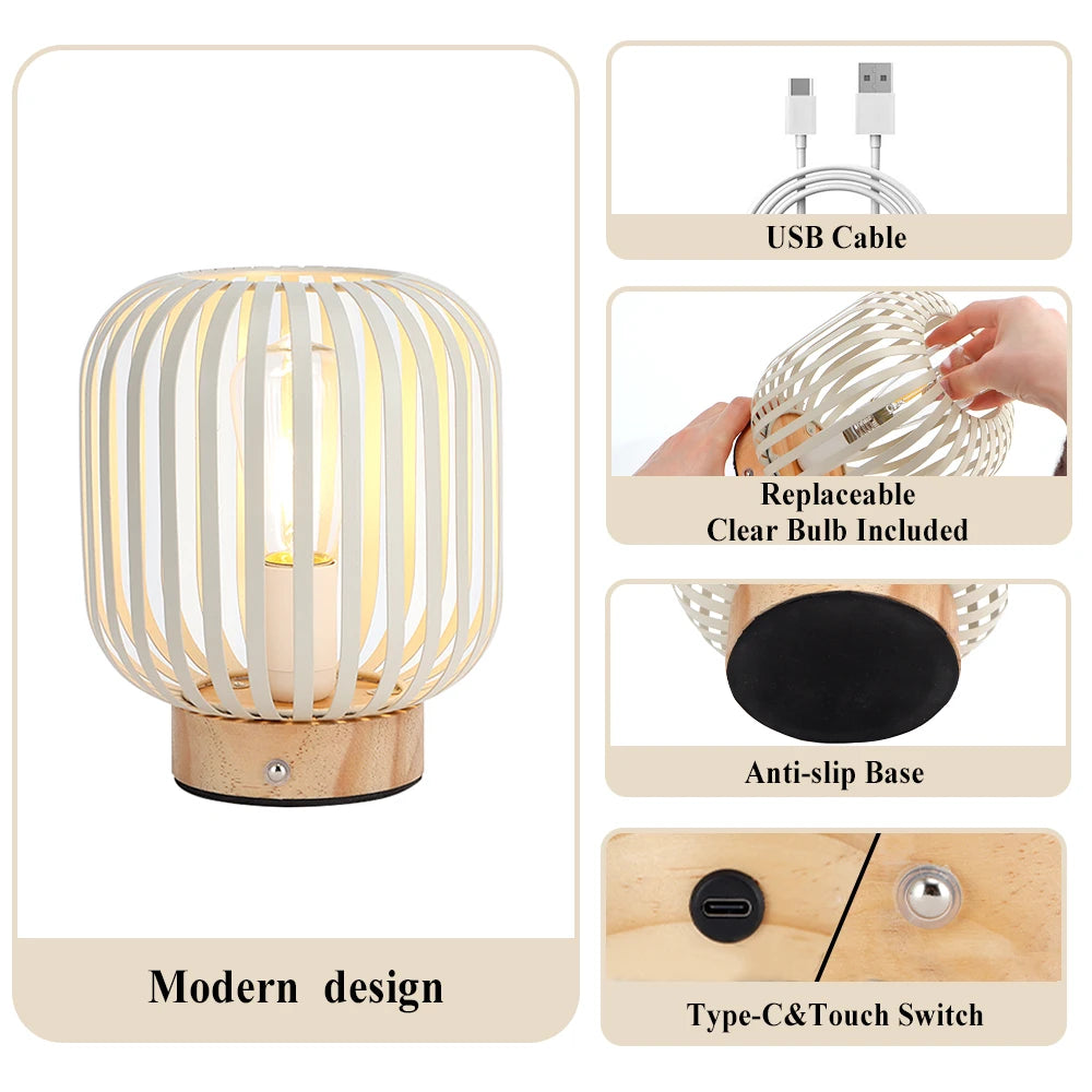 White Metal Cage LED Bedside Table Lamp for Indoor Outdoor - Chic & Cheery Shopping