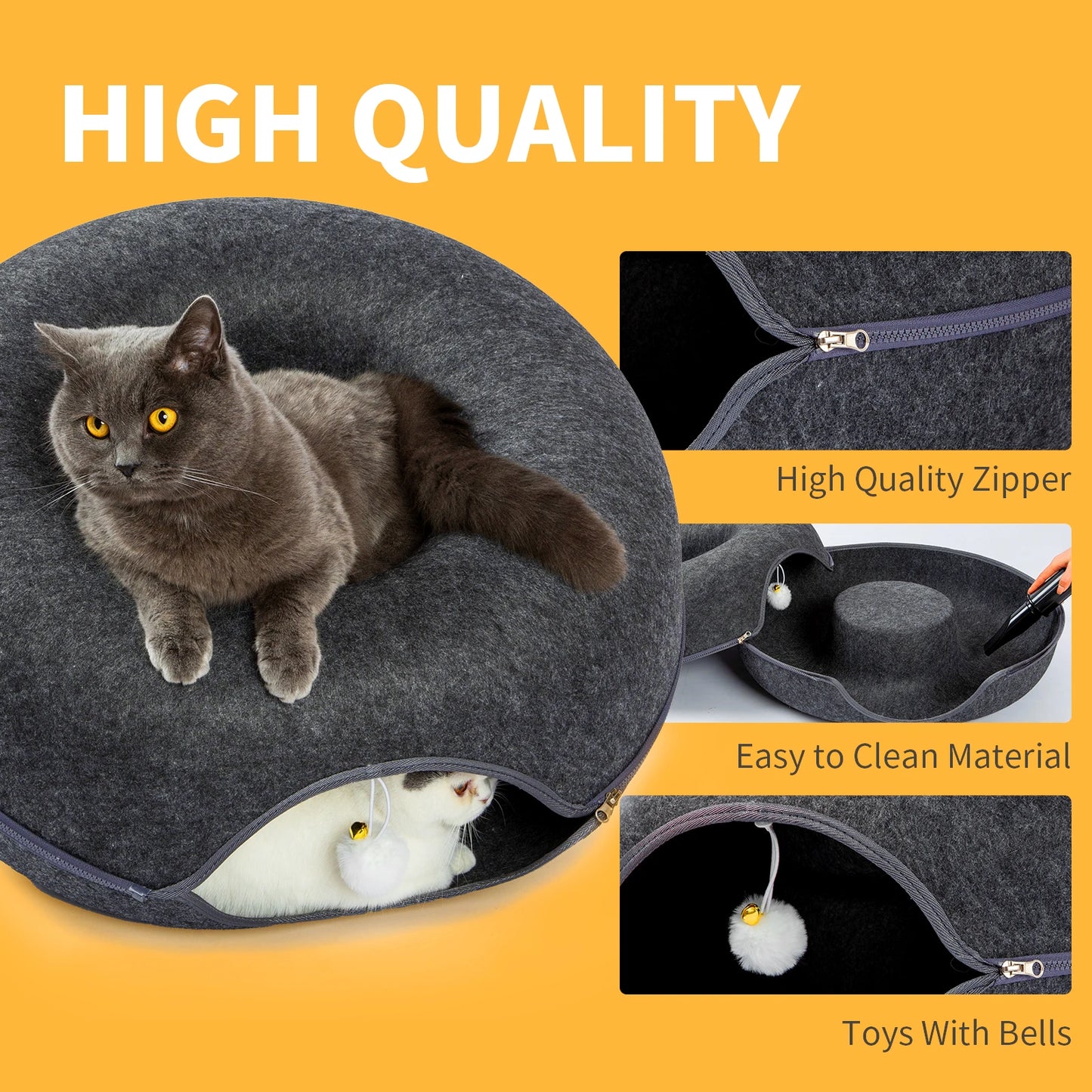 Large 24 Inch Donut Cat Bed with Detachable Wool Tunnel - Chic & Cheery Shopping