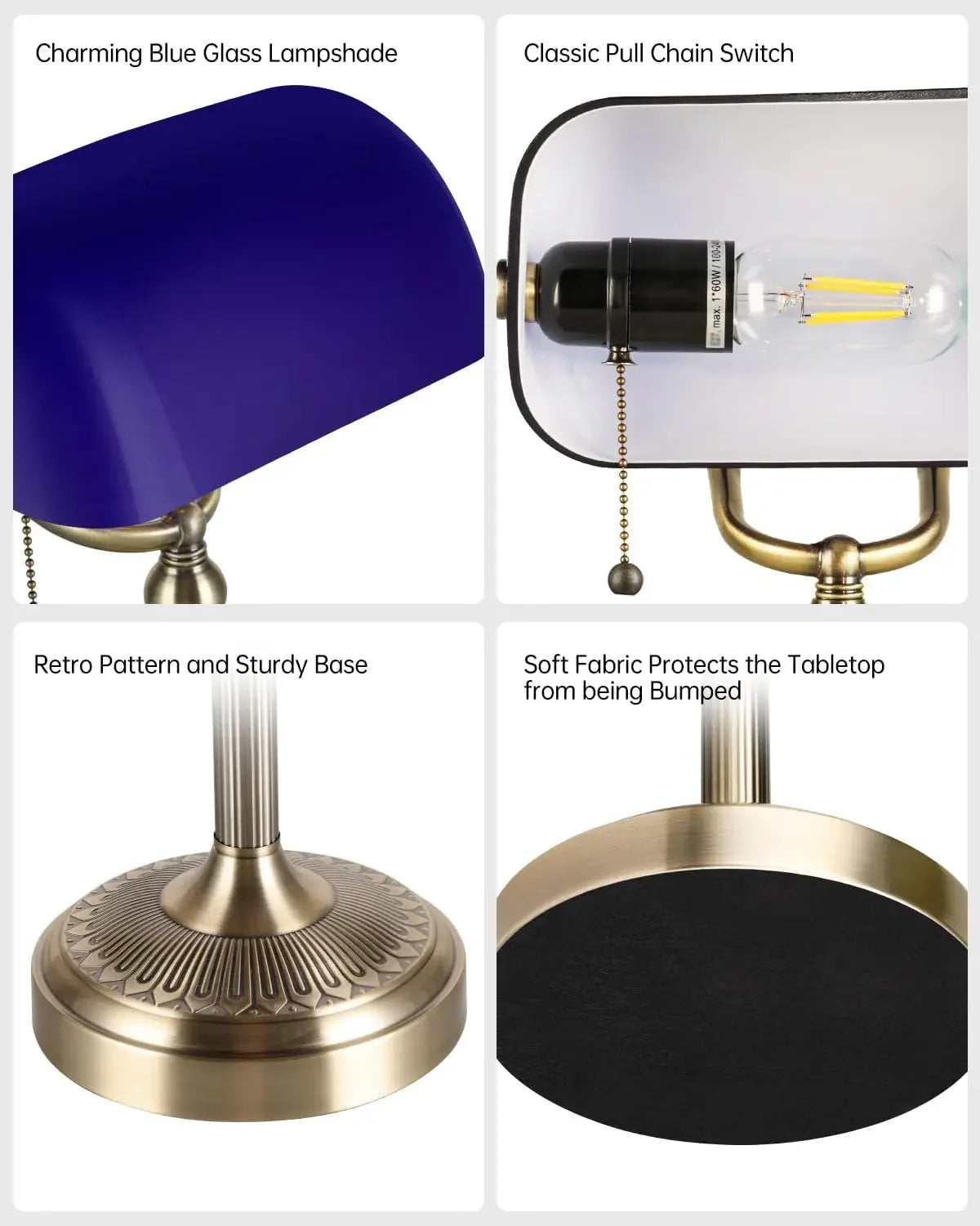 Newrays Blue Glass Bankers Desk Lamp with Pull Chain Switch - Chic & Cheery Shopping