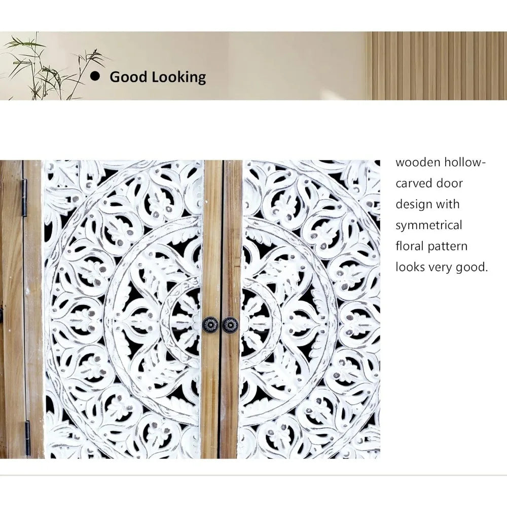 Distressed 4-Door Hollow-Carved Accent Cabinet for Storage - Chic & Cheery Shopping