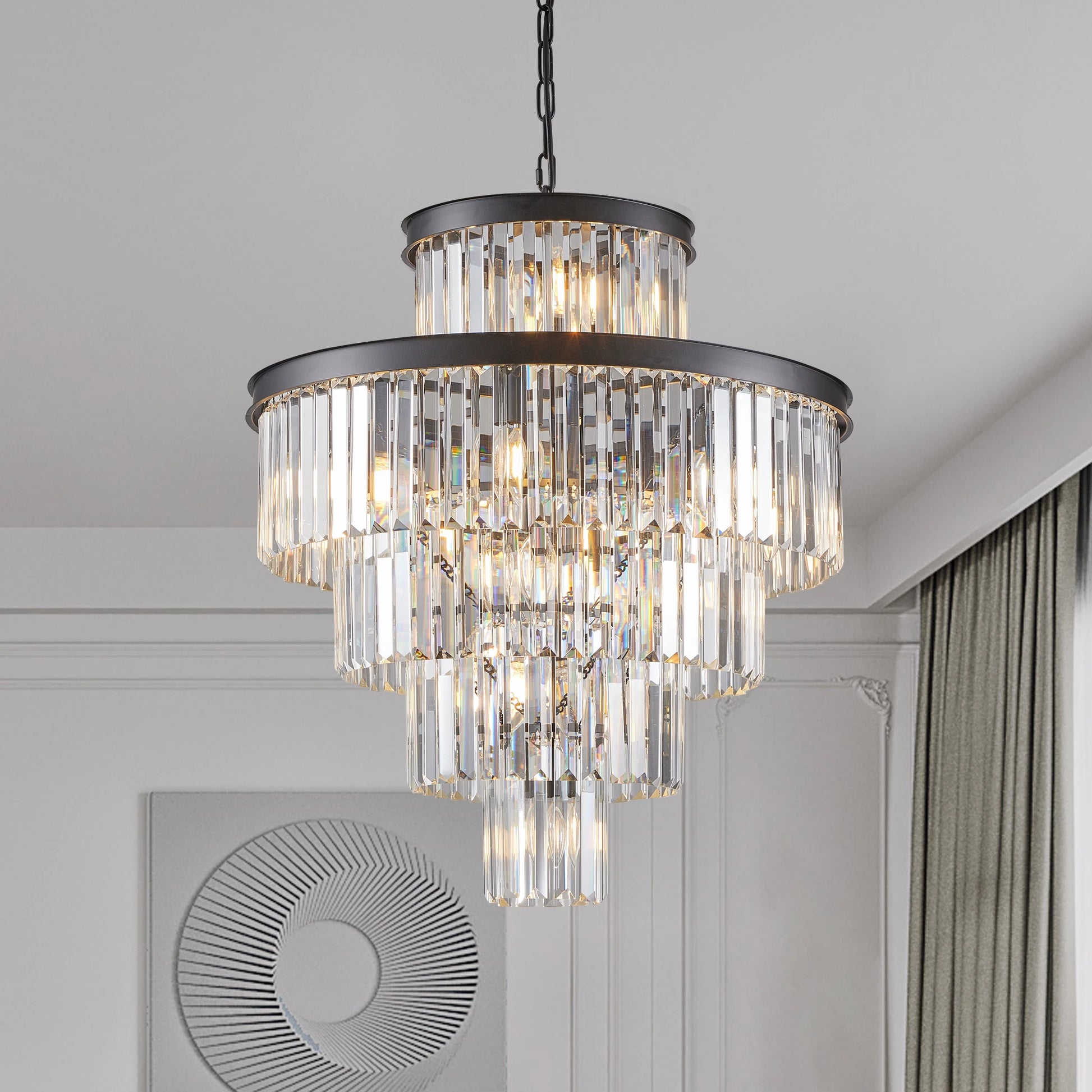 Modern Crystal Chandelier with Adjustable Height Black Gold Frame - Chic & Cheery Shopping