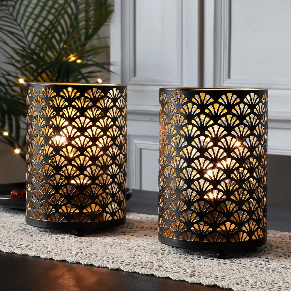 2Pcs Black Metal LED Lanterns for Indoor Outdoor Decor - Chic & Cheery Shopping