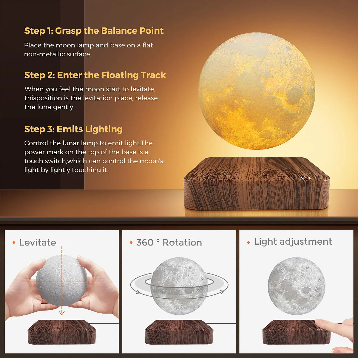 Magnetic Floating Moon Lamp with Wooden Base and LED Lights - Chic & Cheery Shopping