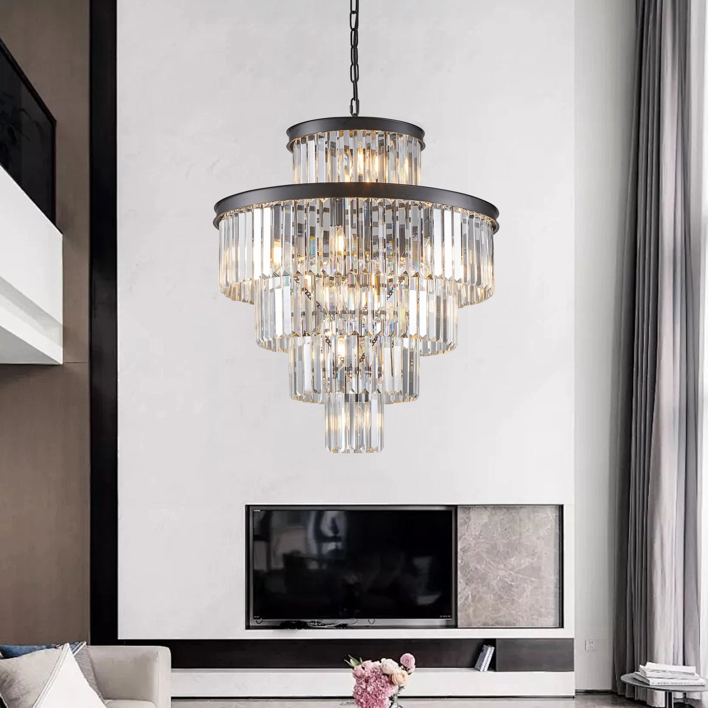 Modern Crystal Chandelier with Adjustable Height Black Gold Frame - Chic & Cheery Shopping