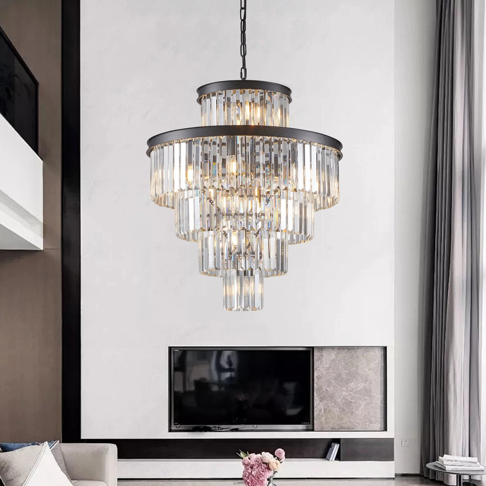 Modern Crystal Chandelier with Adjustable Height Black Gold Frame - Chic & Cheery Shopping