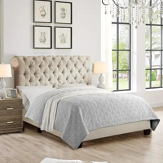Rosevera King Beige Upholstered Bed Frame with Luxurious Headboard - Chic & Cheery Shopping
