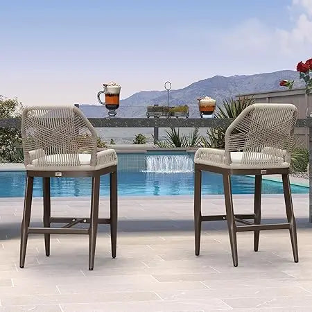 Patio Bar Stool Set of 2 Modern Rattan Chairs for Outdoors - Chic & Cheery Shopping