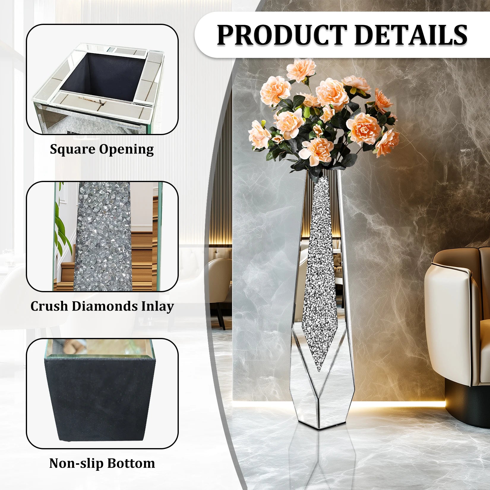 Tall Crushed Diamond Floor Vase for Modern Home Decor - Chic & Cheery Shopping