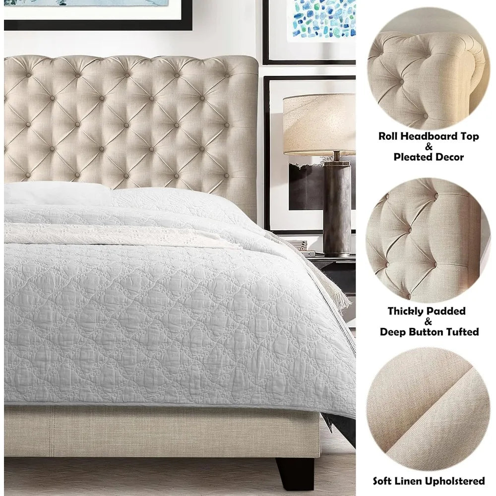 Rosevera King Beige Upholstered Bed Frame with Luxurious Headboard - Chic & Cheery Shopping