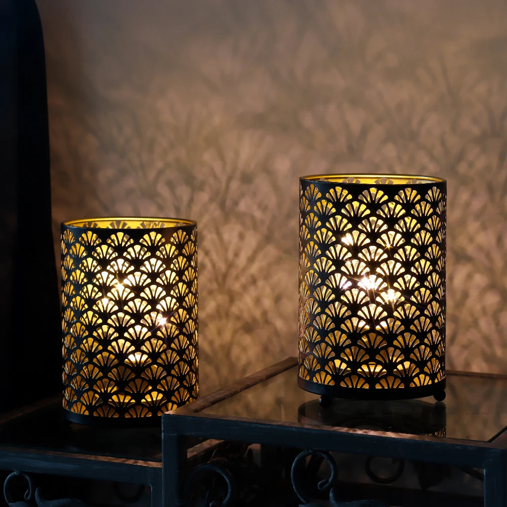 2Pcs Black Metal LED Lanterns for Indoor Outdoor Decor - Chic & Cheery Shopping